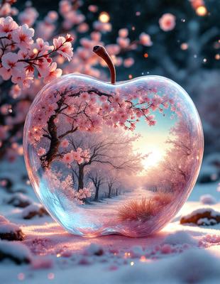 The primary subject of the image is a glass apple, which is a unique and artistic representation of a real apple. The apple is placed on a snowy surface, creating a contrast between the warm colors of the apple and the cold, white snow. The setting includes a tree in the background, adding to the overall wintery atmosphere. The visual style of the image is a combination of photo and digital art, as the apple is depicted in a glass-like form, giving it a more artistic and creative appearance. The colors and